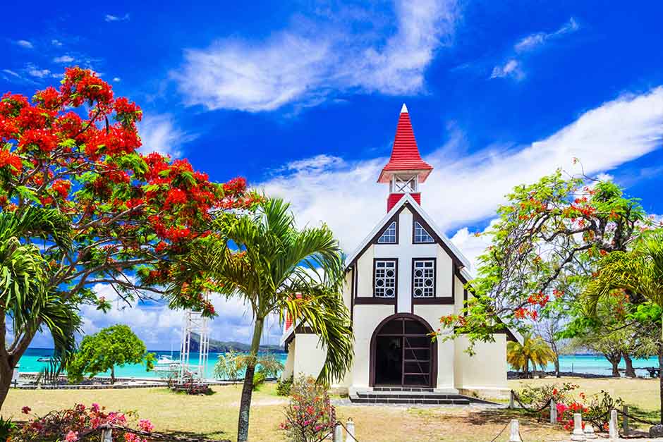 beautiful quaint church near the ocean in Mauritius
